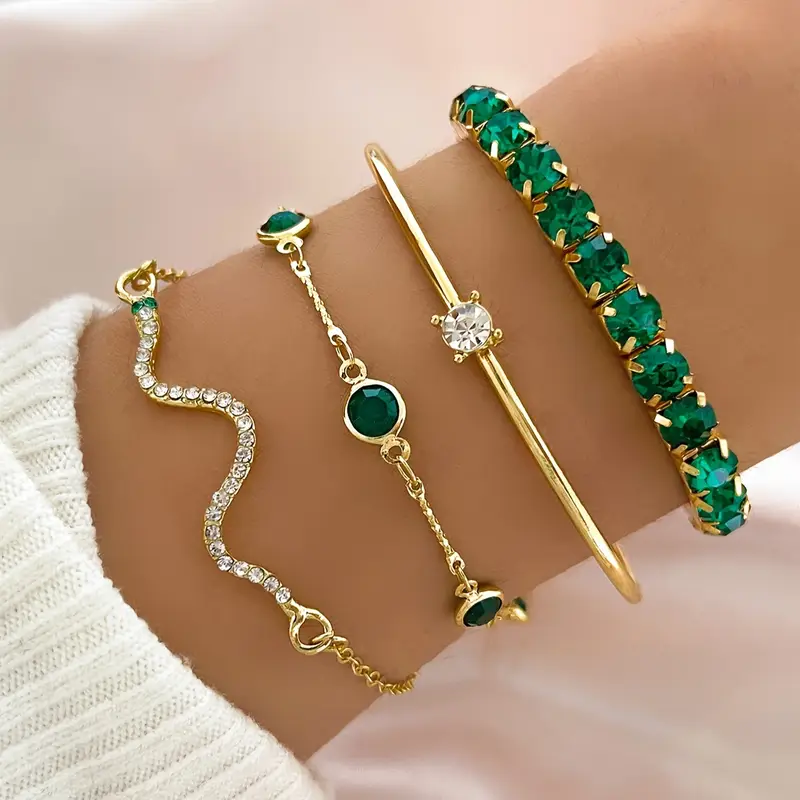 Set of Elegant Green Vintage Bracelets adorned with Crystals