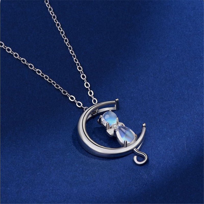 Moonstone Crescent Moon and Cat Necklace