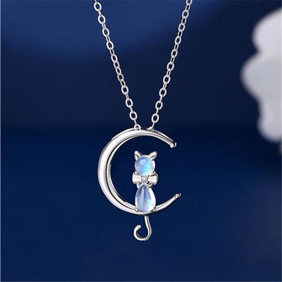 Moonstone Crescent Moon and Cat Necklace